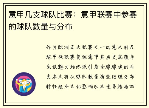 意甲几支球队比赛：意甲联赛中参赛的球队数量与分布