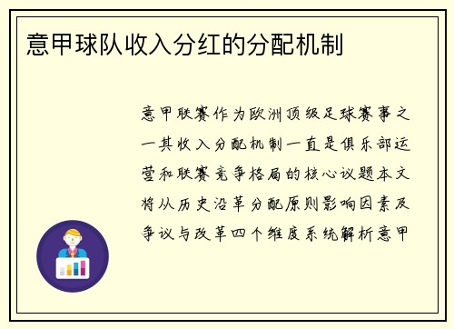 意甲球队收入分红的分配机制